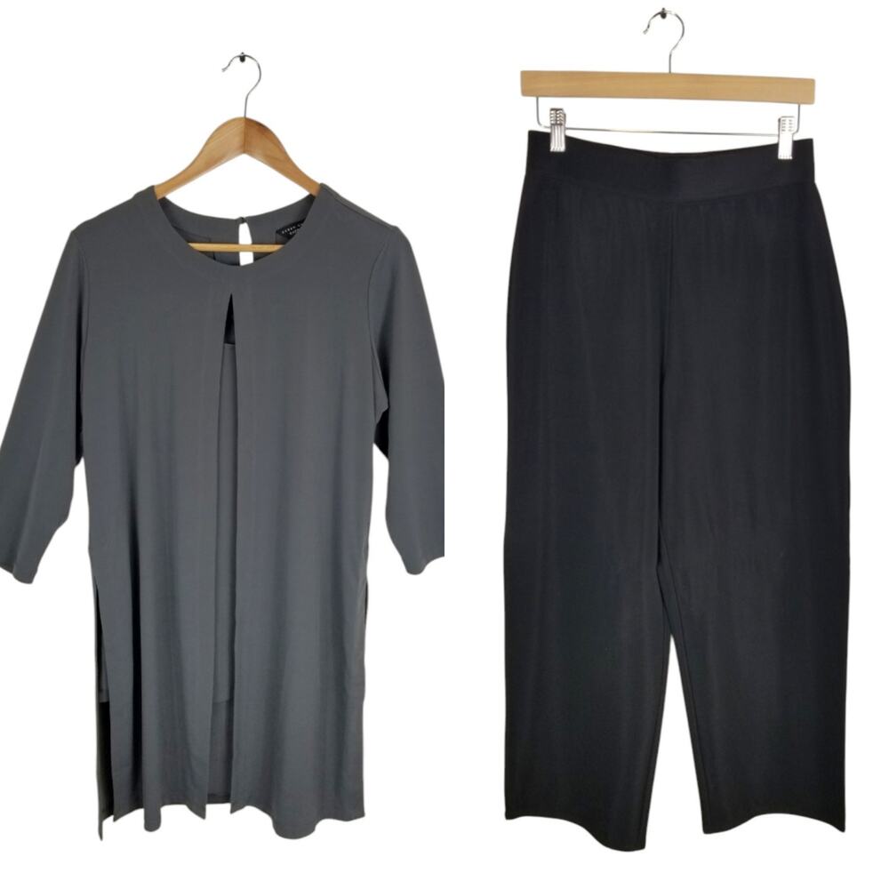 Susan Graver 2 Piece Set Gray 3/4 Sleeve Tunic Black Wide Leg Pull On Pants MP